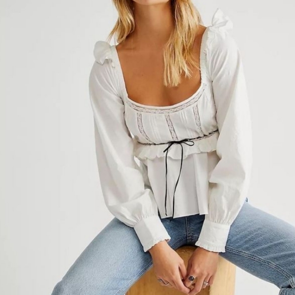Free People Cathleen White Peasant Long Sleeve Lace Blouse‎ Size XS